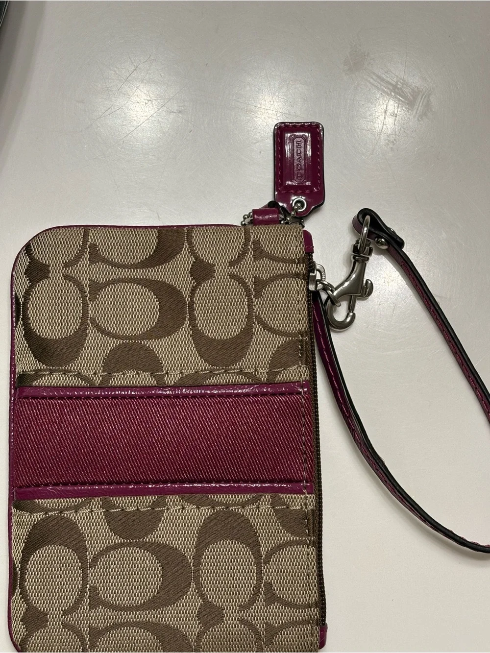Coach Brown Signature Canvas Wristlet with Berry Trim